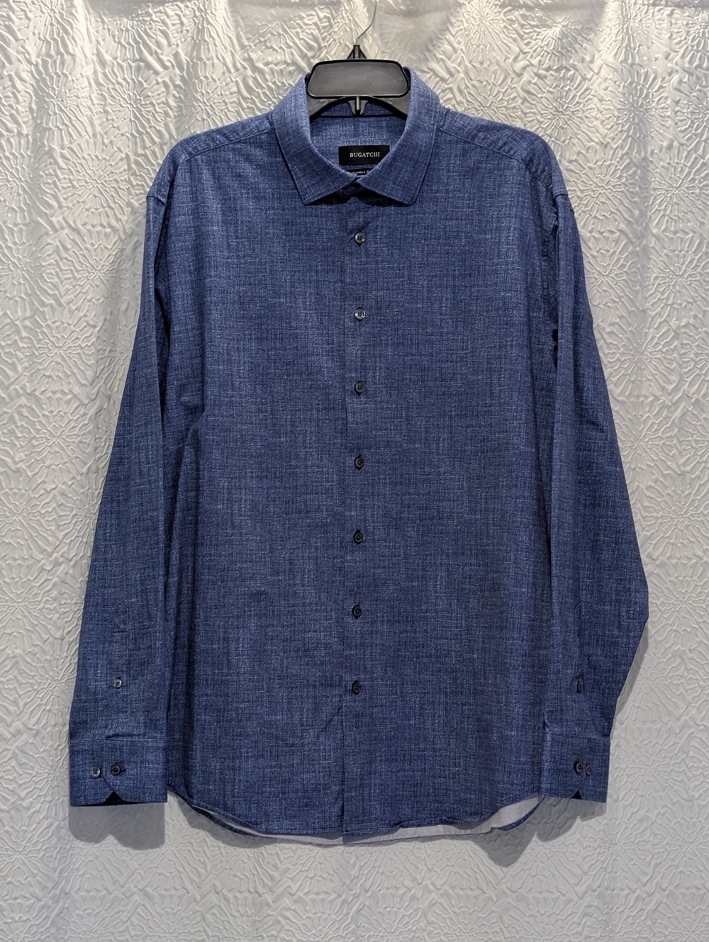 Bugatchi Men's Blue Dress Shirt, XL, Comfort Stretch, Classic Fit, Spread Collar